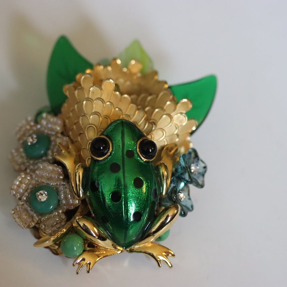 Vintage Signed Stanley Hagler Frog on Lily Pad Floral Brooch Pin Green Enamel an